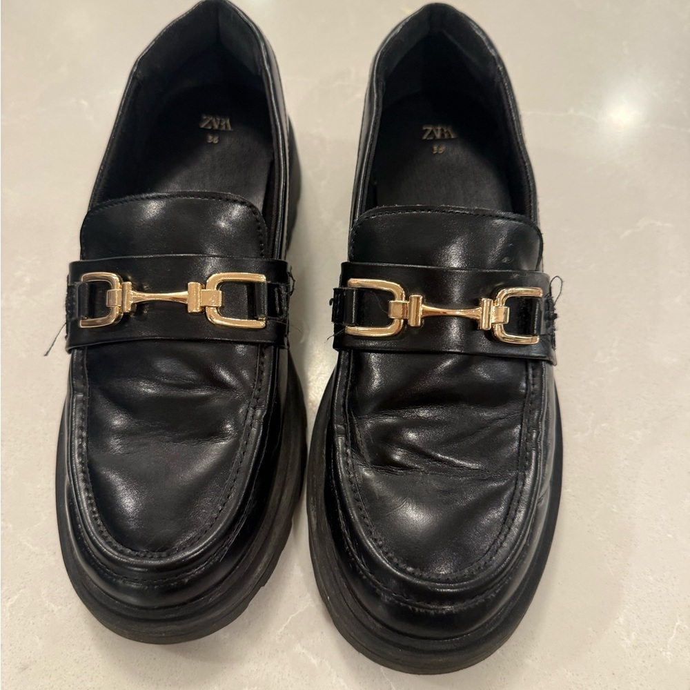 Girls Zara Black Leather Loafers with Gold Buckle, size EU 36, US 4
